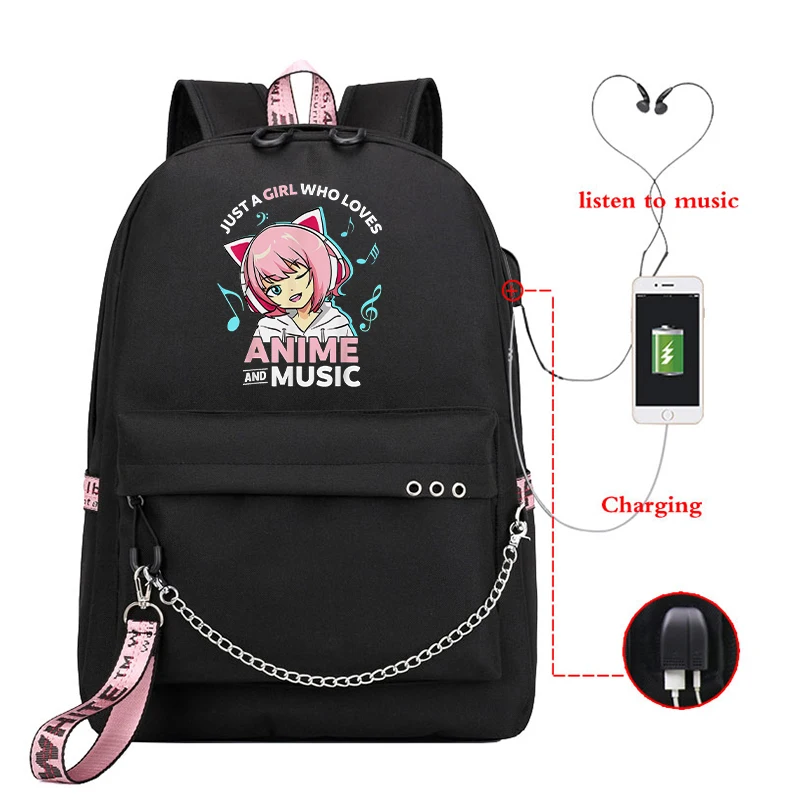 

Kawaii Backpack Just A Girl Who Loves Anime and Music Backpacks for Teens Girls School Backpack Usb Port BookBag Laptop Rucksack