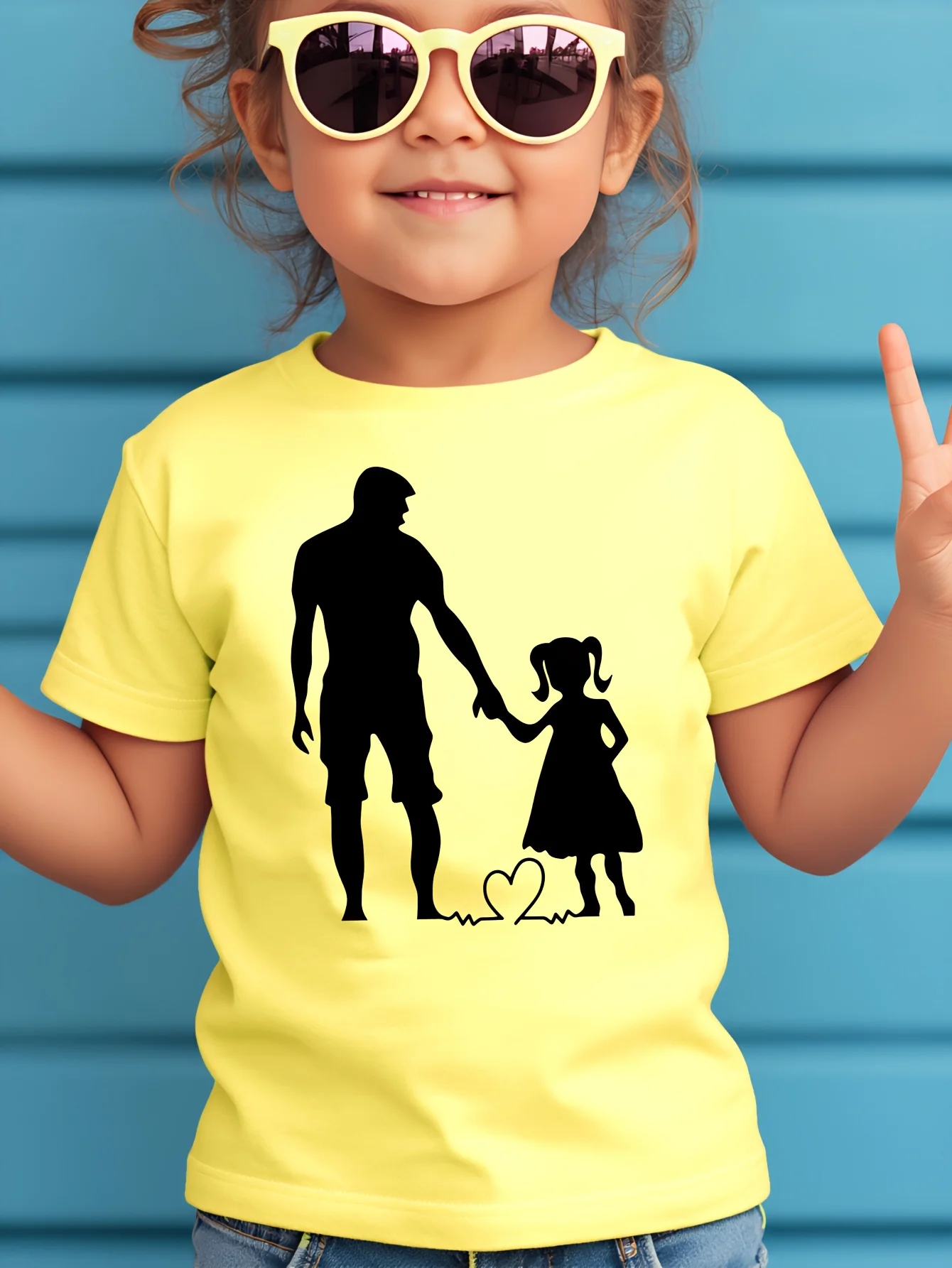 Girls Tee Father Daughter Hand in Hand Silhouette Heartbeat Heart Print Soft Cotton Kids Sweet Short Sleeve Parent-child T Shirt