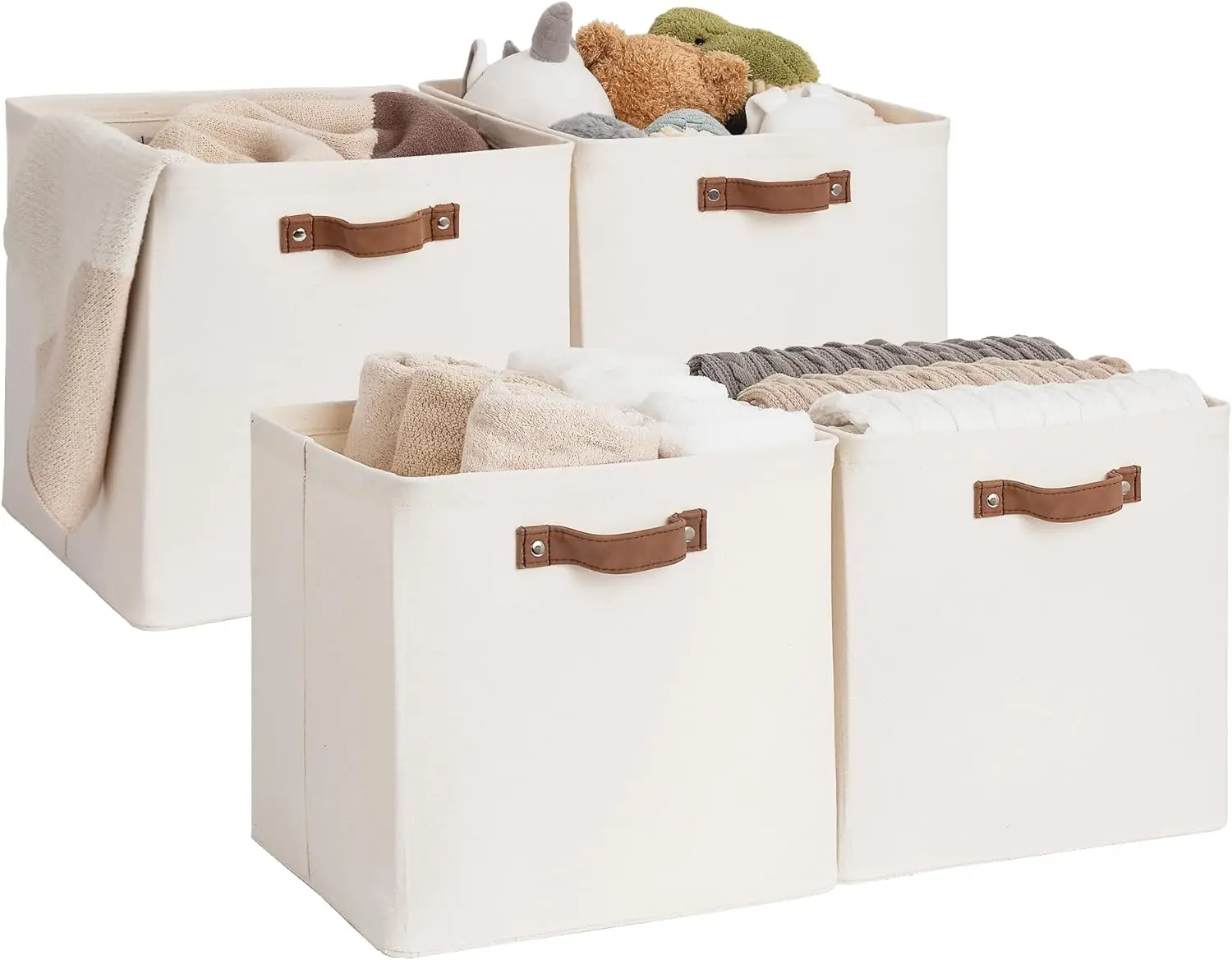 

13x13 Cubes, Collapsible Bins Organizer for Closet, Fabric Box with PU Handles, Beige, 4-Pack