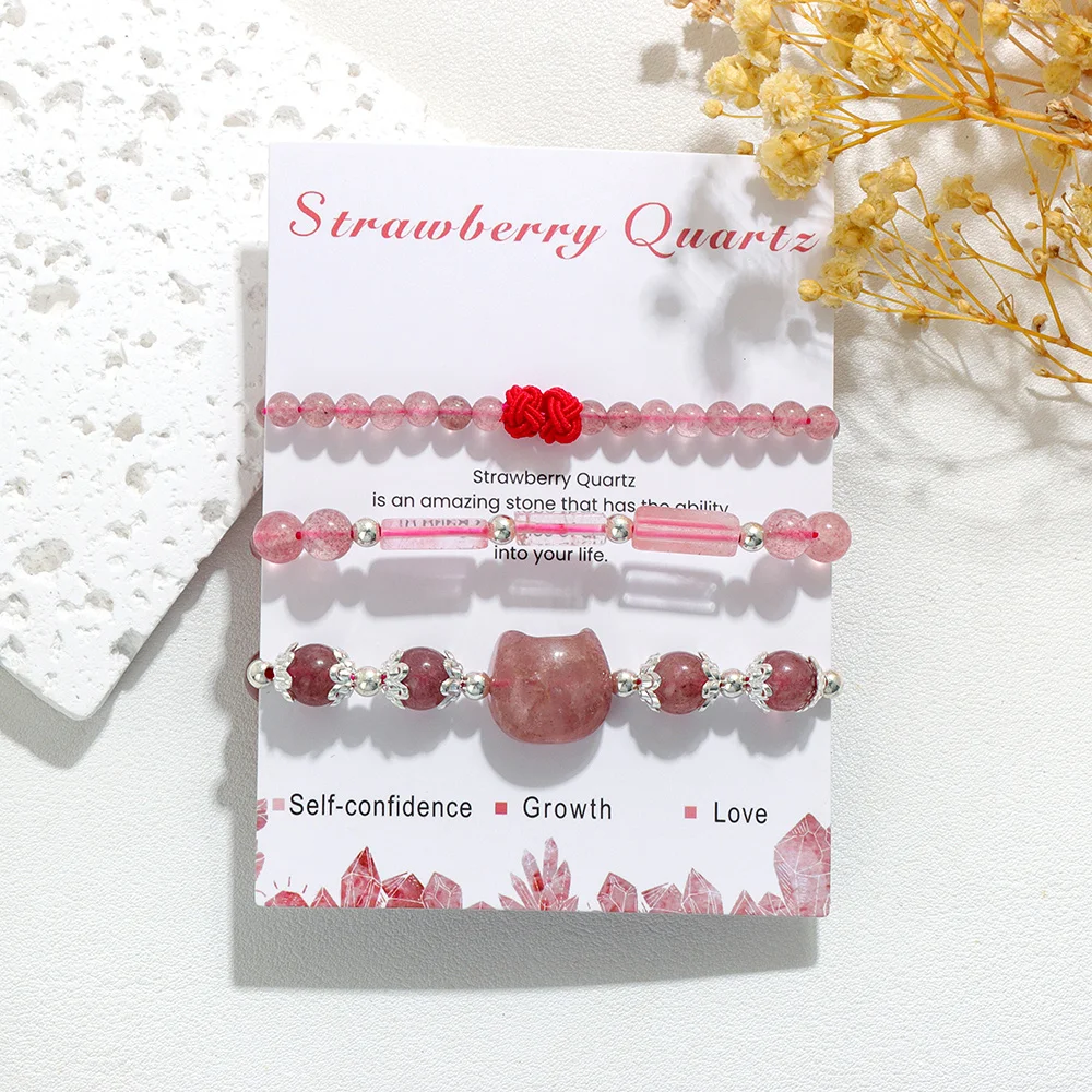 Cuet Cat Heart Stone Bracelet With Card 3Pcs Natural Strawberry Quartz Bracelet Set For Women Jewelry Gems Crystal Bracelet