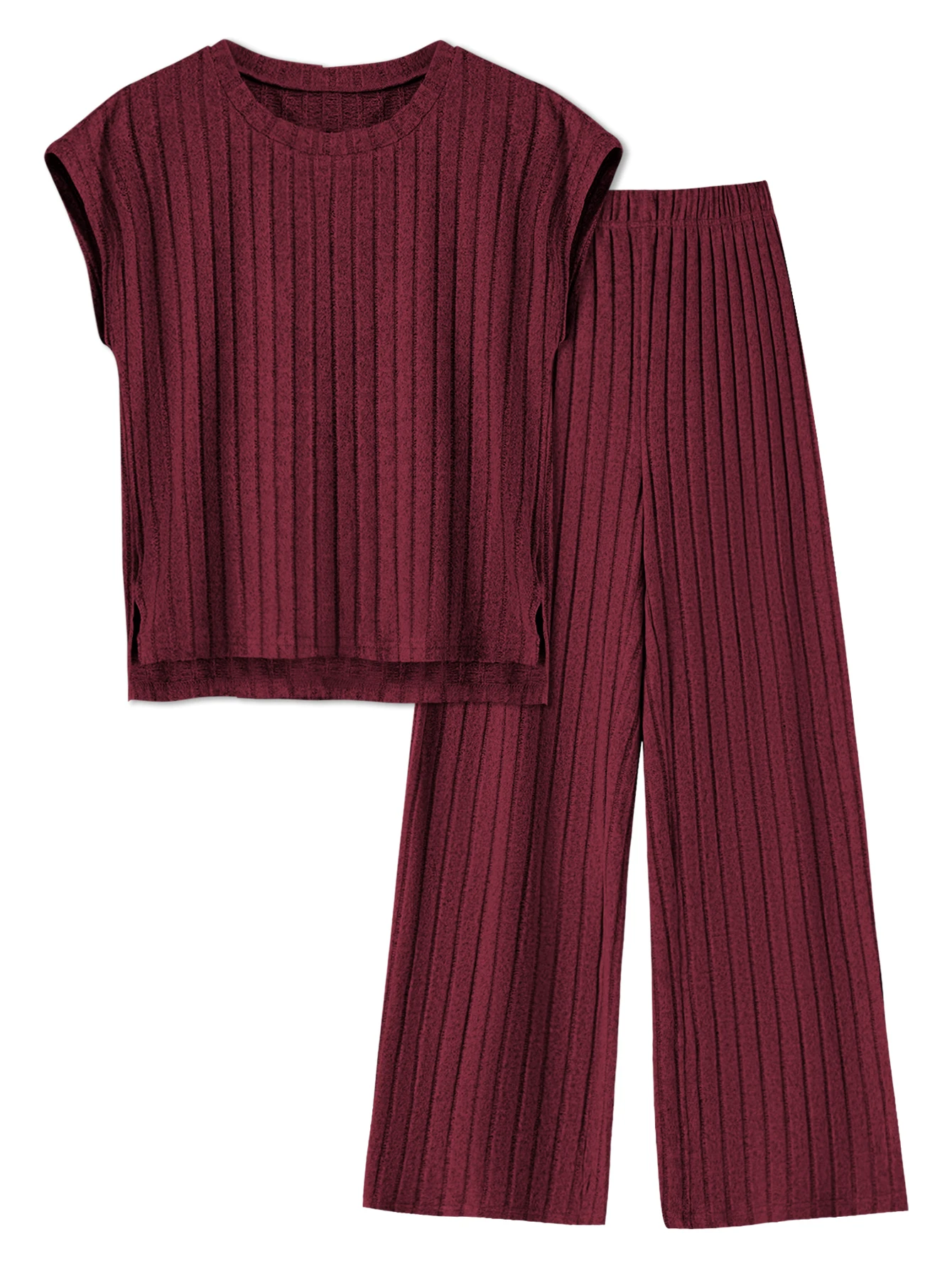 Women's Ribbed 2 Piece Outfit, Round Neck Cap Sleeve Top & Elastic Waist Wide Leg Pants, Casual Loose Matching Loungewear Set fo