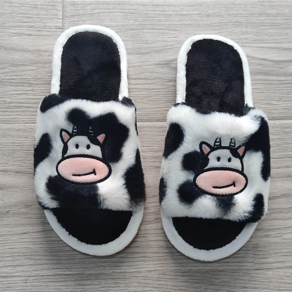 Plush Milk Cow Slippers Comfortable Fuzzy Indoor Slippers Cute Open Toe Slippers Anti Slip Soft Furry Slipper for Autumn Winter