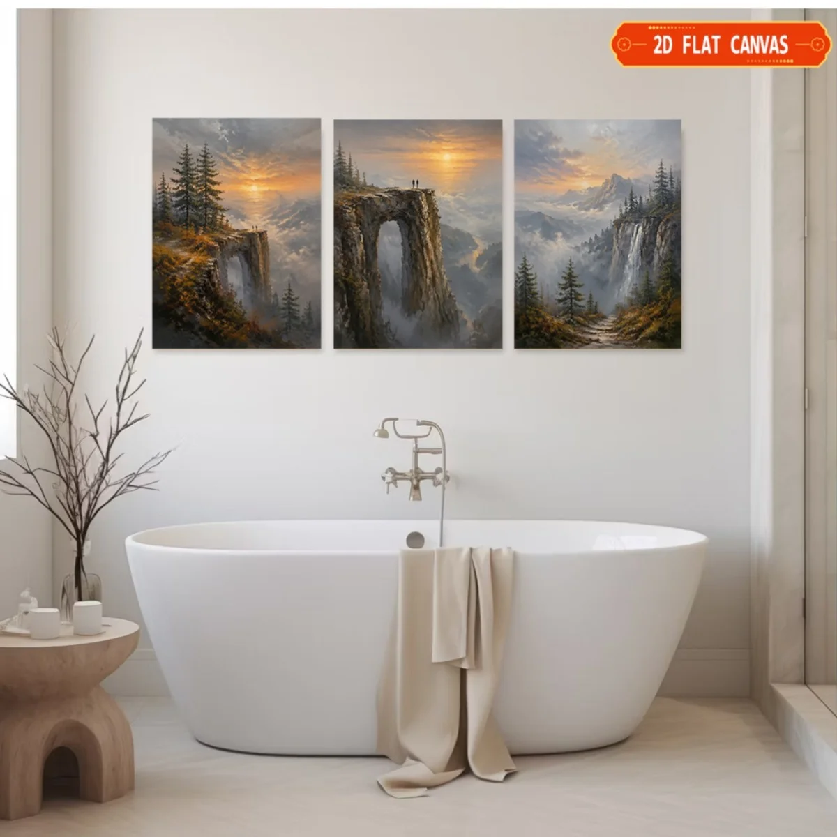 Frameless [2D Flat] 3pcs Mountain Cliff Natural Arch Canvas Wall Art, Sunrise Foggy Valley Waterfall Pine Tree Landscape Oil
