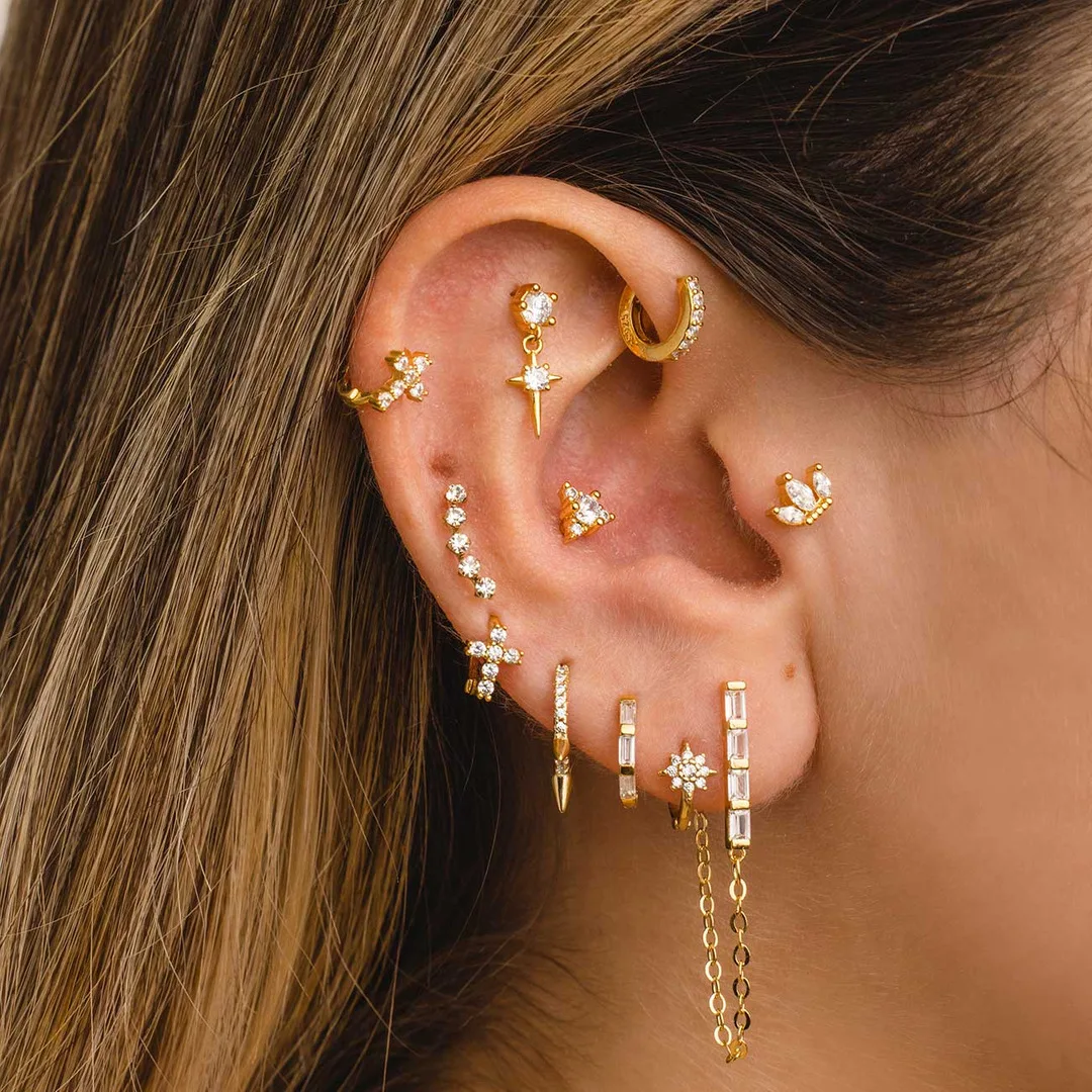 Star Cross Cubic Zirconia Stackable Earring Set for Women CZ Stud Huggie Hoop Dangle Chain Earrings Multipack Piercing Jewelry