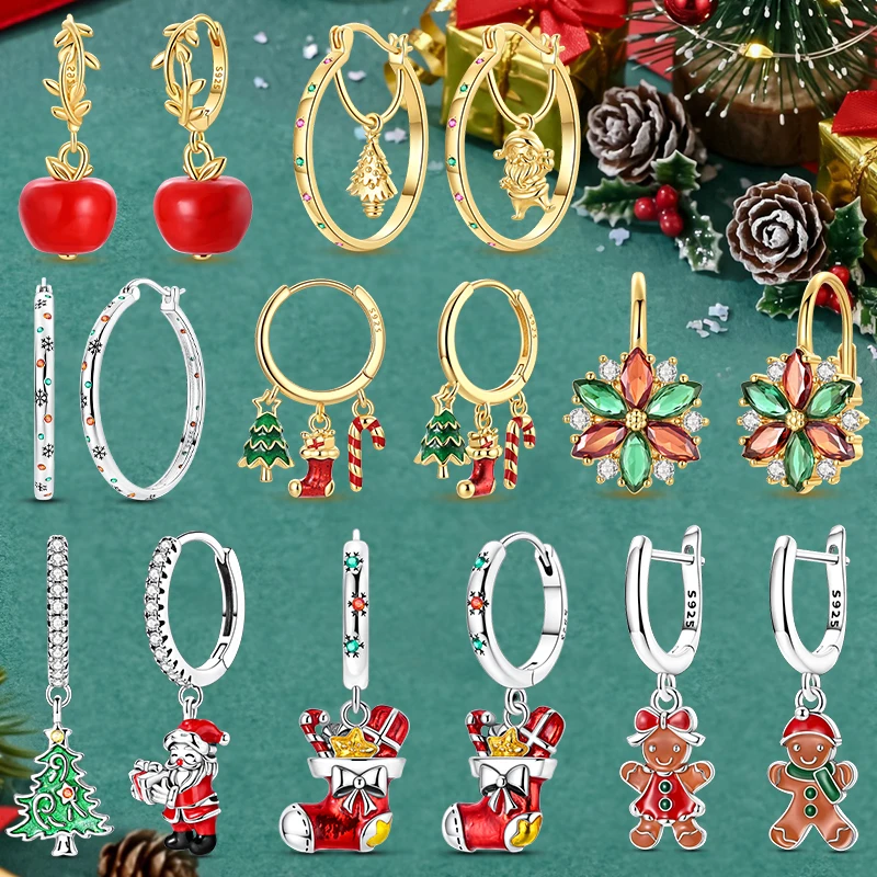 Pendant Earring 925 Sterling Silver Hoop Earring For Woman Christmas Day Santa Claus Tree Gingerbread Socks Gift Jewelry