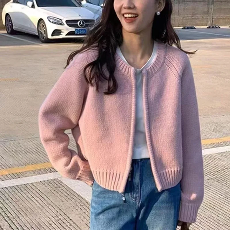 Korean Women Knitted Sweater Autumn Winter Chic Loose Long Sleeve Cardigan Tops Simple Solid Color Sweater Jacket