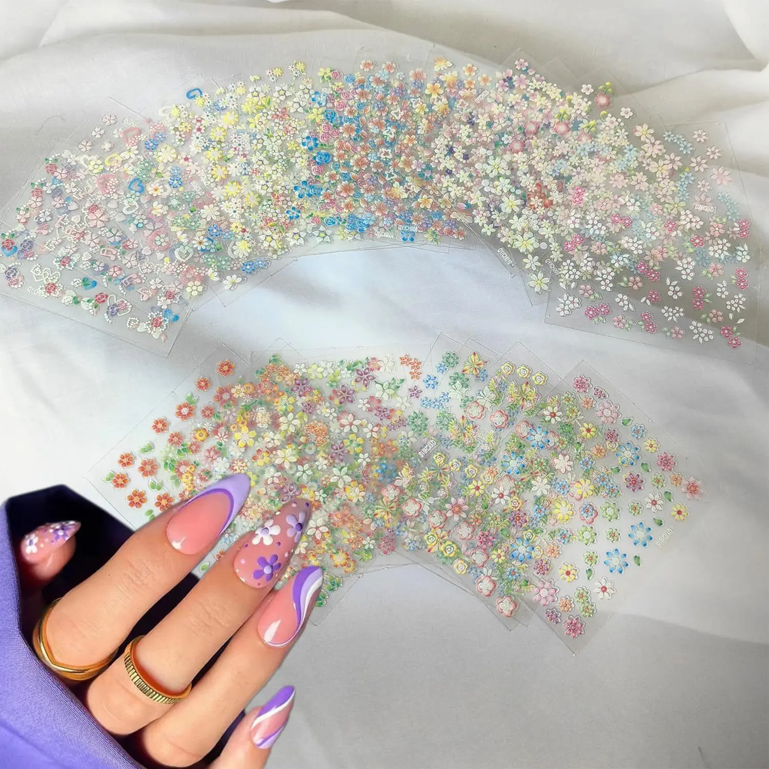 30 PCs Heart Glitter Decals Small Floral Nail Art Stickers