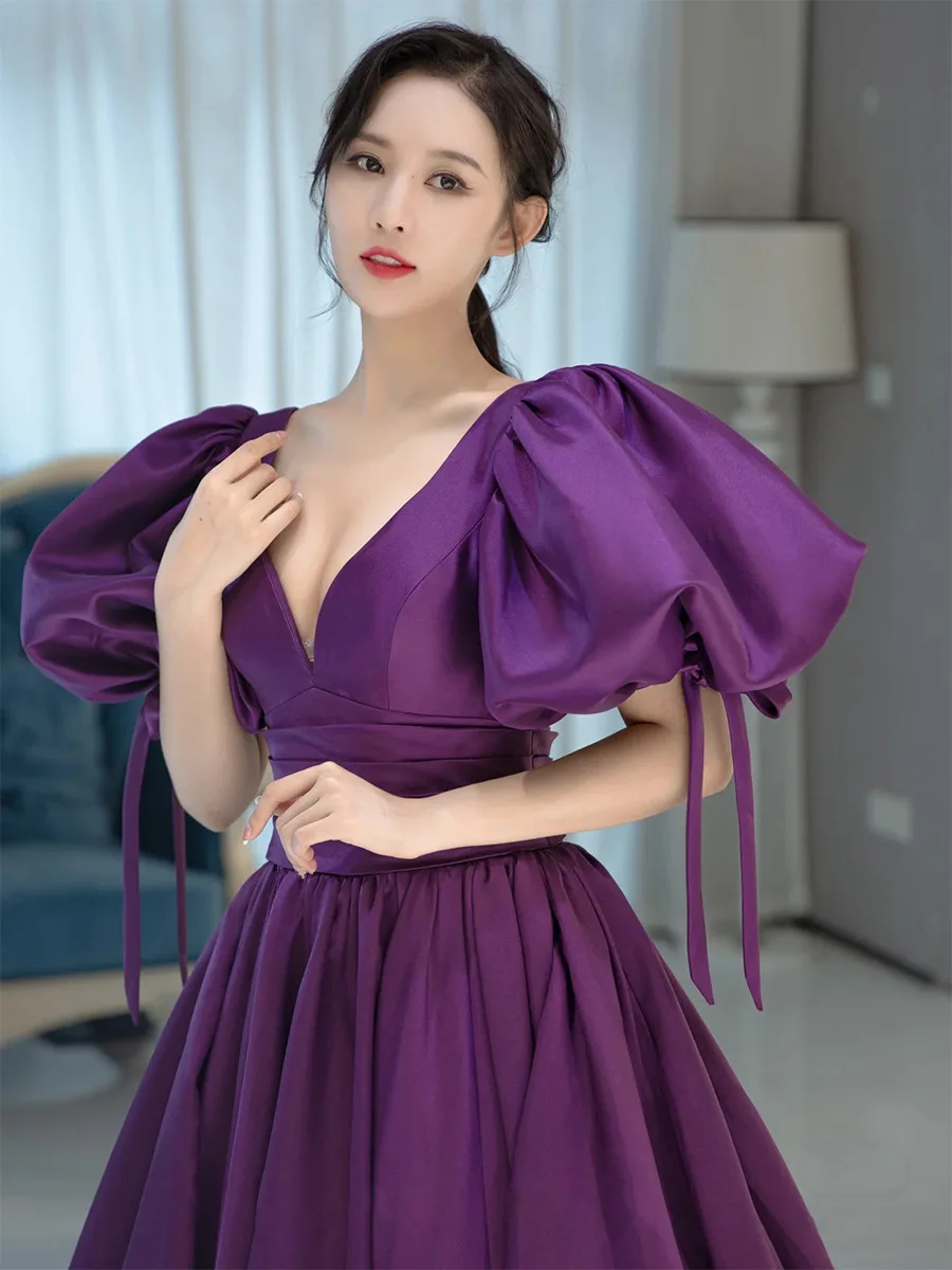 2022 Sexy Purple Puff Sleeve Prom Party Dress Women Dark V Neck Satin Long Evening Dress Vestidos De Fiesta