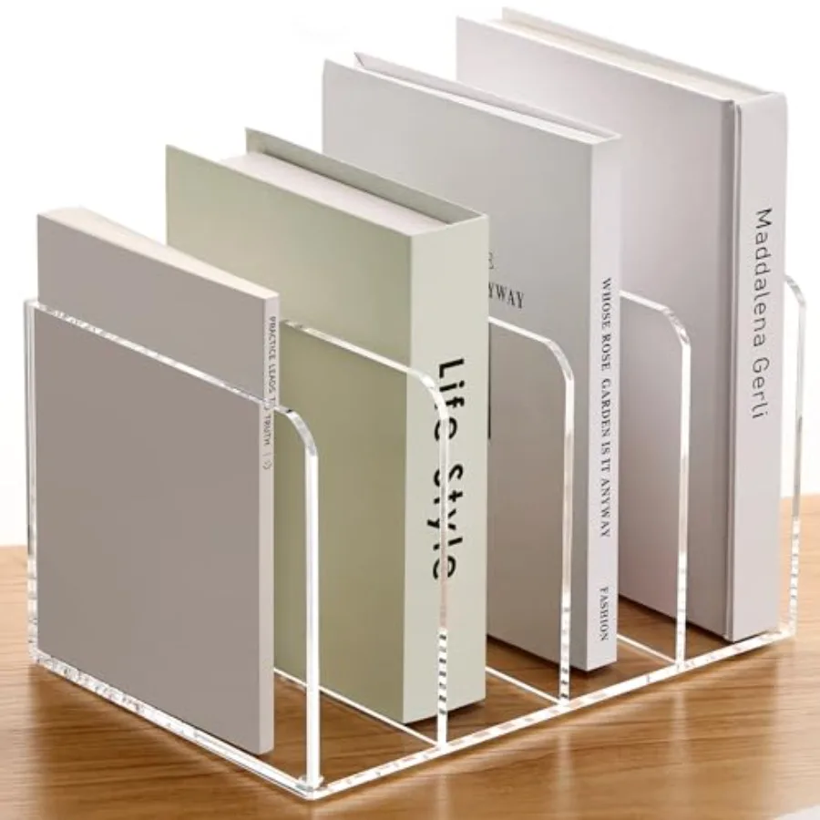 

Acrylic Desk File Organizer 4 Section Vertical File Folder Rack Clear Desktop Sorter for Home Office Classroom Holds Magazines