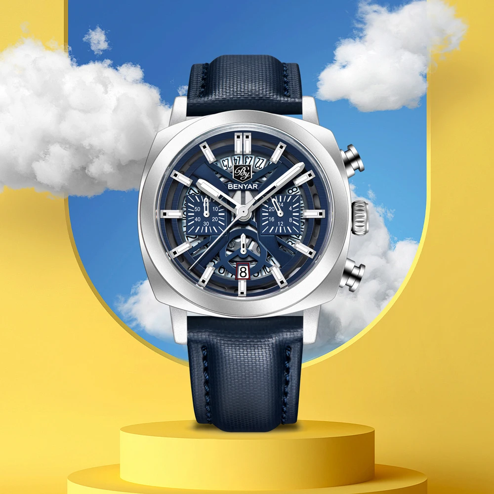 BENYAR 2025 New Men's Watches Top Brand Luxury Quartz Wristwatches Speed Chronograph Watch For Man Leather Waterproof Luminous