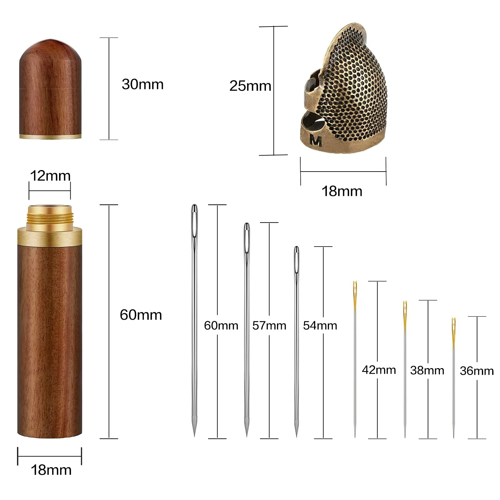 AT77 바느질 바늘과 자수 바늘을 보관하기 위한 나무 바늘 케이스, 바느질 골무 손가락 보호대가 있는 바늘 키트