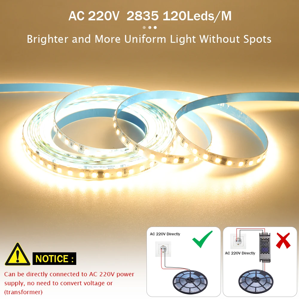 Tira de luces LED resistente al agua, cinta adhesiva de alto brillo SMD 220, 2835 LEDs/M, 120LEDs/M, color blanco, amarillo, azul hielo, 240 V, 10m,