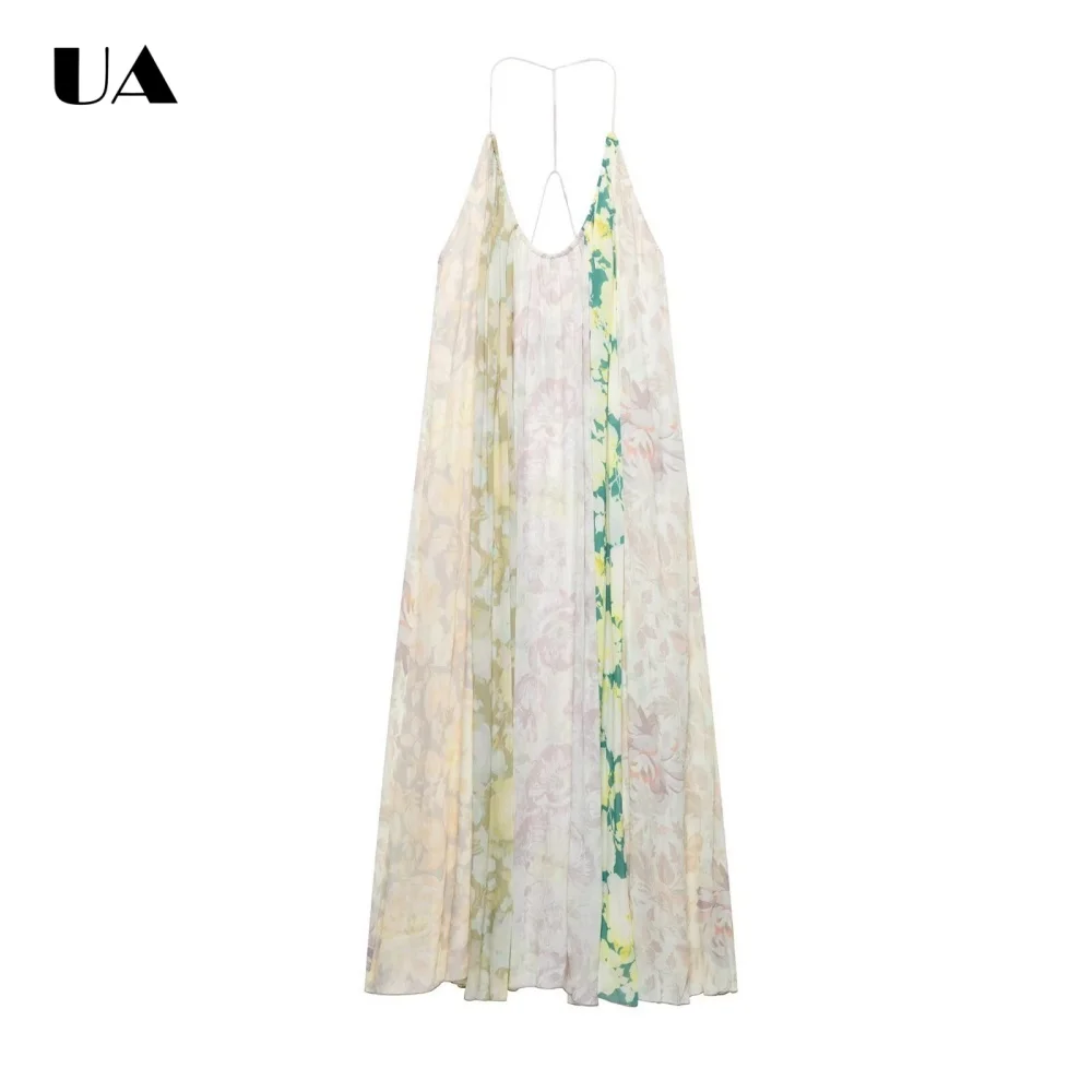 

Fashionable Loose Printed Midi Dress with Spaghetti Strap Trendy Deep V-neck Long Dress for Woman Vacation Style Backless Dress