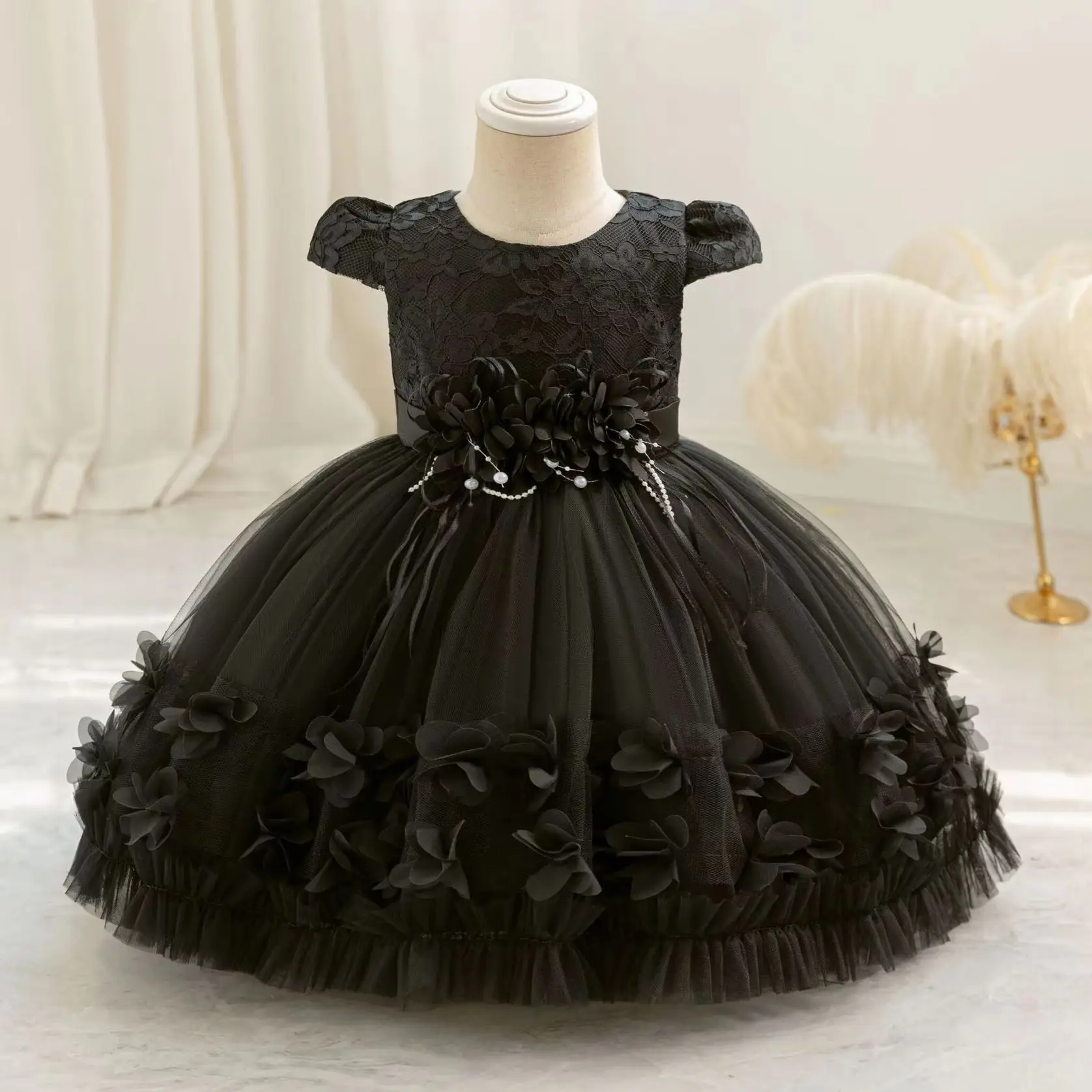 Süße süße Blumenmädchen Spitze Stickerei Mesh flauschige Prinzessin Kleid für Kleinkind Baby Taufe Geburtstag Party Kommunion Hochzeitskleid