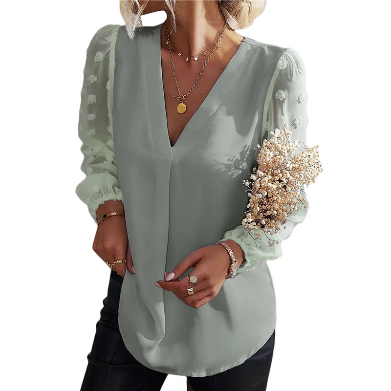 

CGS-Women's Casual Summer Blouses, Long Sleeve Business Blouses, Button Down V-Neck Chiffon Pom Pom Blouses