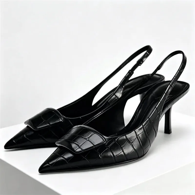 Sexy Pointed Toe High Heels Women 2025 New Summer Square Button Slingback Shoes Hollow Elegant Office Sandals Mules Pumps Women