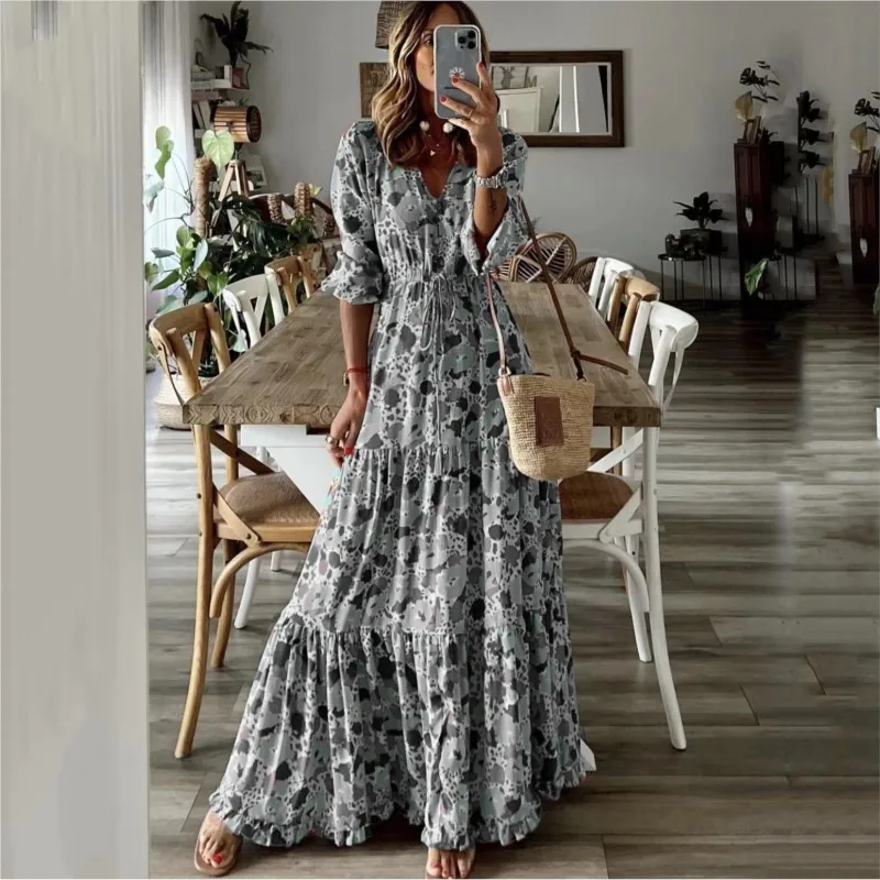 Abiti lunghi stampati di nuova moda da donna Sexy scollo a V mezza manica con lacci in vita Splic Boho Abiti casual per invitati al matrimonio Autunno
