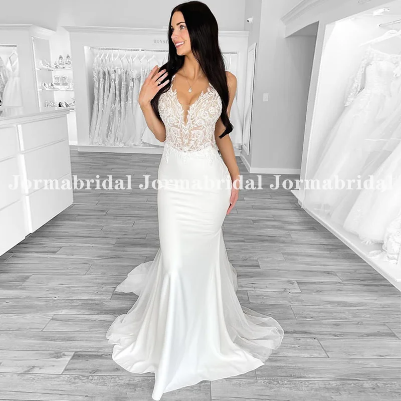 

Low Back Trumpet Bridal Gown Sexy Sheer Bodice Plunging V-neck Appliqués Fullness Chapel Train Wedding Dress vestidos de novia