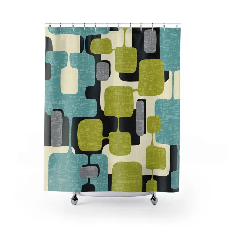 Mid Century Mod Geometric Shower Curtain, Teal & Lime Retro Bath Decor