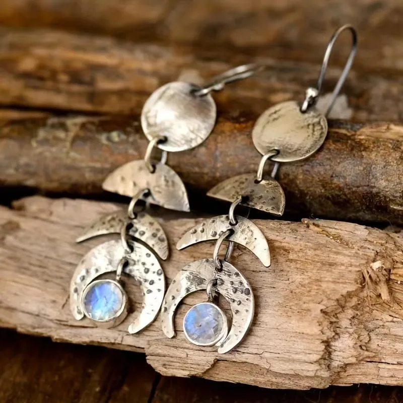 Bohemian Moon Phase Moonstone Pendant Earring for Women Geometric Unique Design Earrings Party Jewelry Gifts
