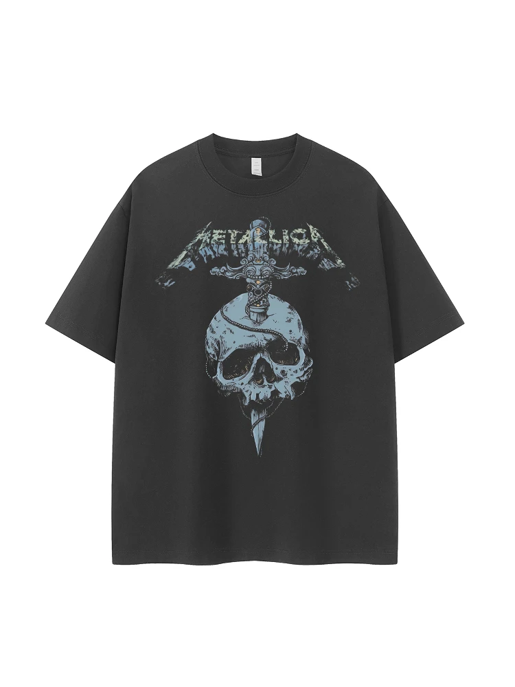 Retro American Street Style Metal Band T-Shirt Dark Skeleton Rock Short Sleeve Grey Cotton Breathable Casual round Neck Top
