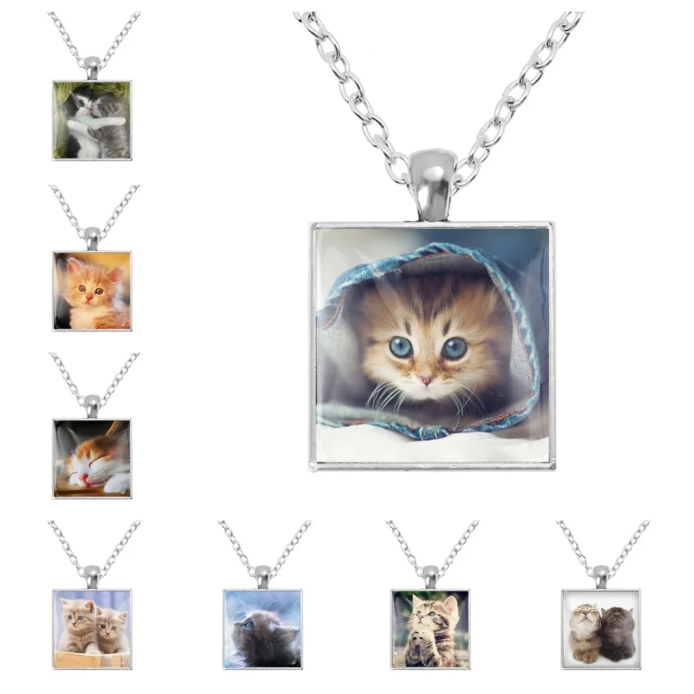 Mode Niedlichen Katzen Patten Quadratische Form Glas Anhänger Halskette Niedlichen Tier Legierung Halskette Charms Schmuck Geschenke Zubehör