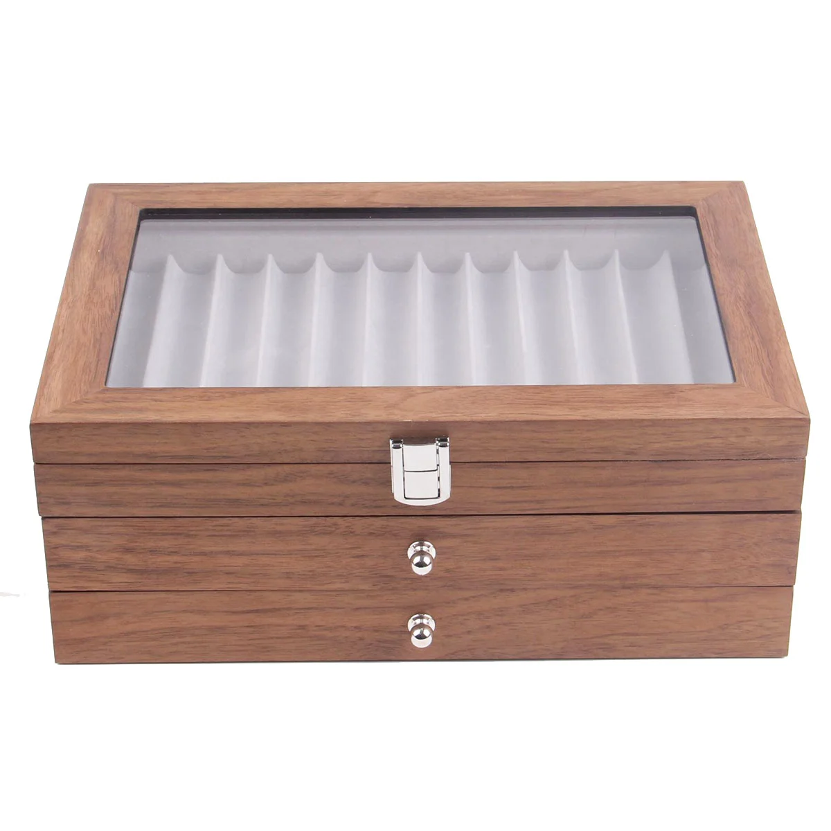 

34 Grid Walnut Pen Storage Case Luxury 3 Layer Pen Display Organizer Transparent Window Fountain Box