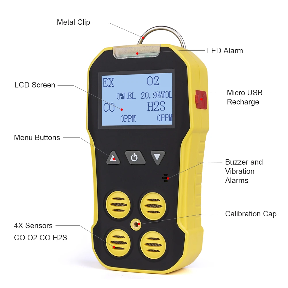 Bosean Multi Gas Detector O2 H2S CO LEL 4 in 1 Gas Meter Oxygen Hydrogen Sulfide Carbon Monoxide Combustible Gas Leak Detector