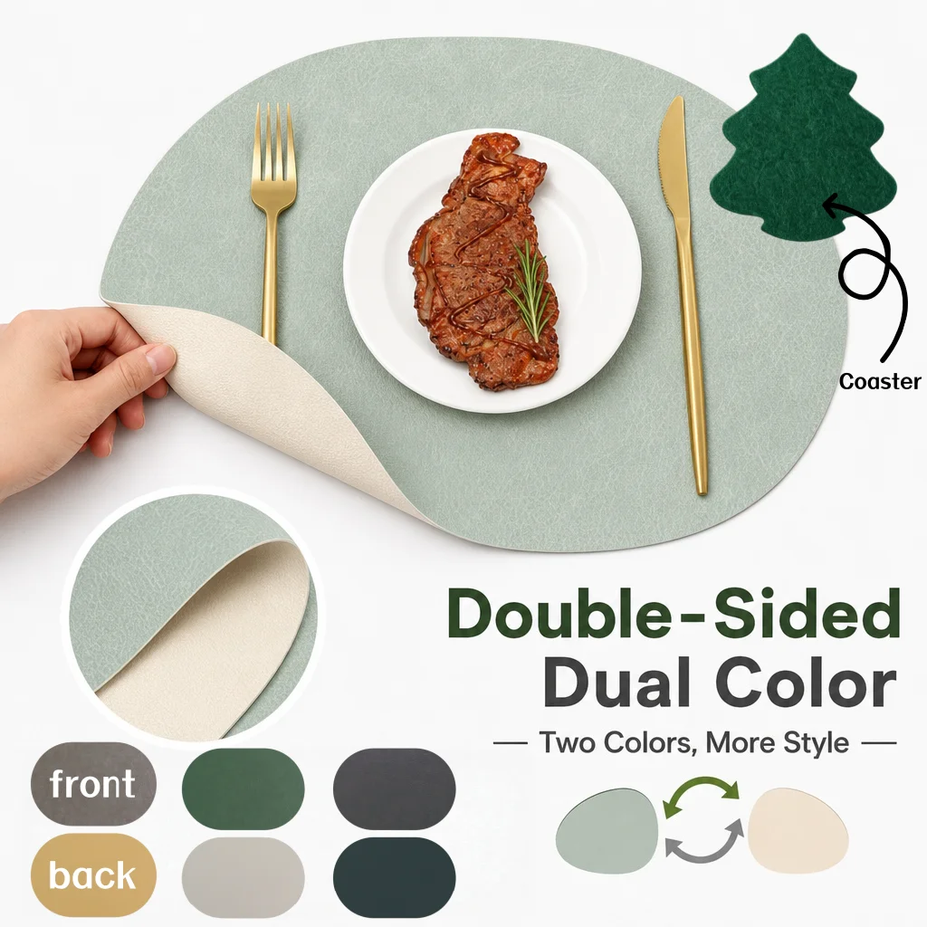4pcs double-sided two-color PU leather placemats, felt tableware sets, coasters, suitable for Christmas themed restaurants