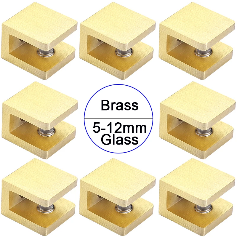 

Brand New 8PCS Solid Brass Glass Clamps No-Drill-on-Glass Glass Shelf Brackets Brushed Gold U-Clamps Glass Panel Clip for 5~12mm