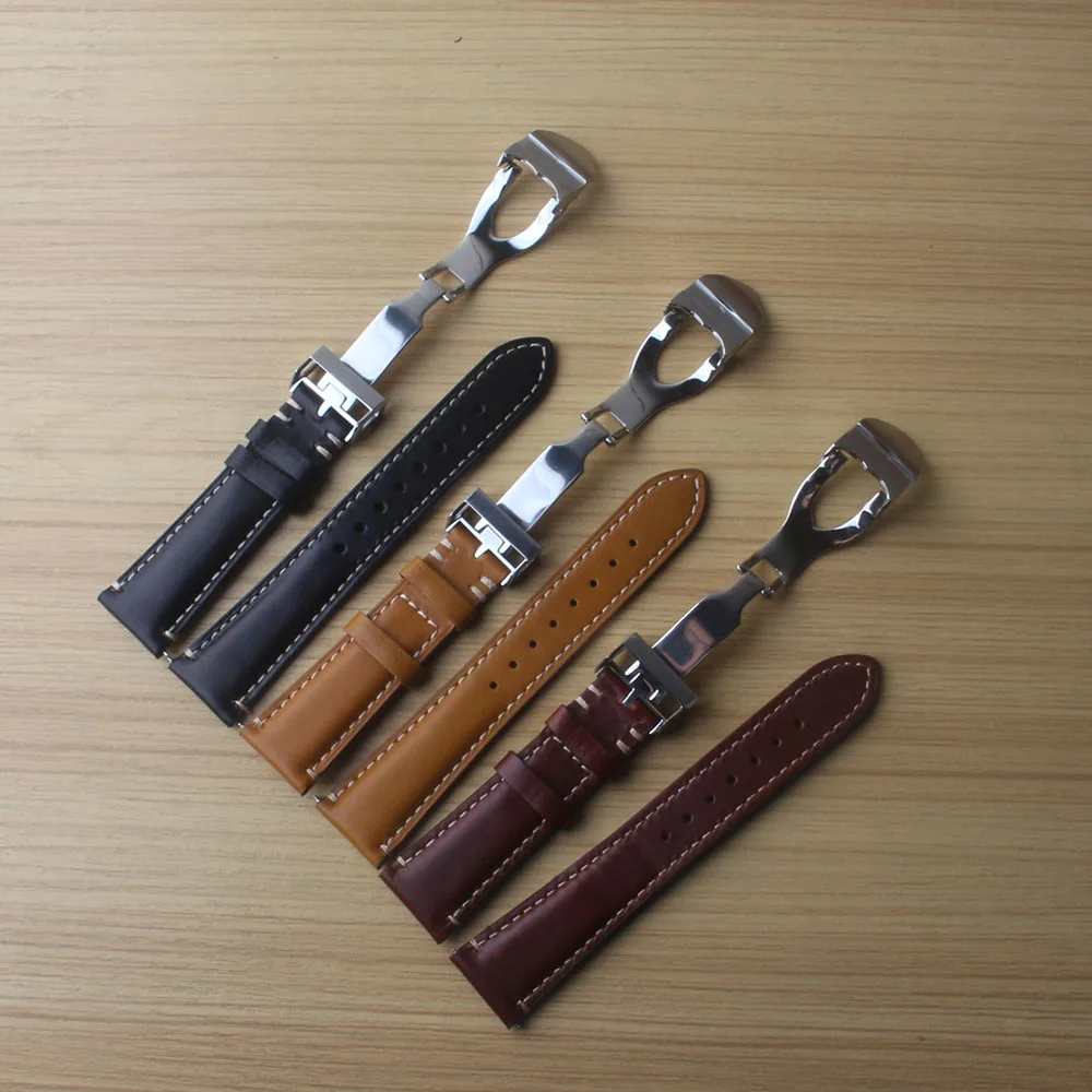 

High quality Watch Band Strap Genuine leather watchband fit tudor rolex 22mm Black Brown Yellow Strap Stainless steel deployment