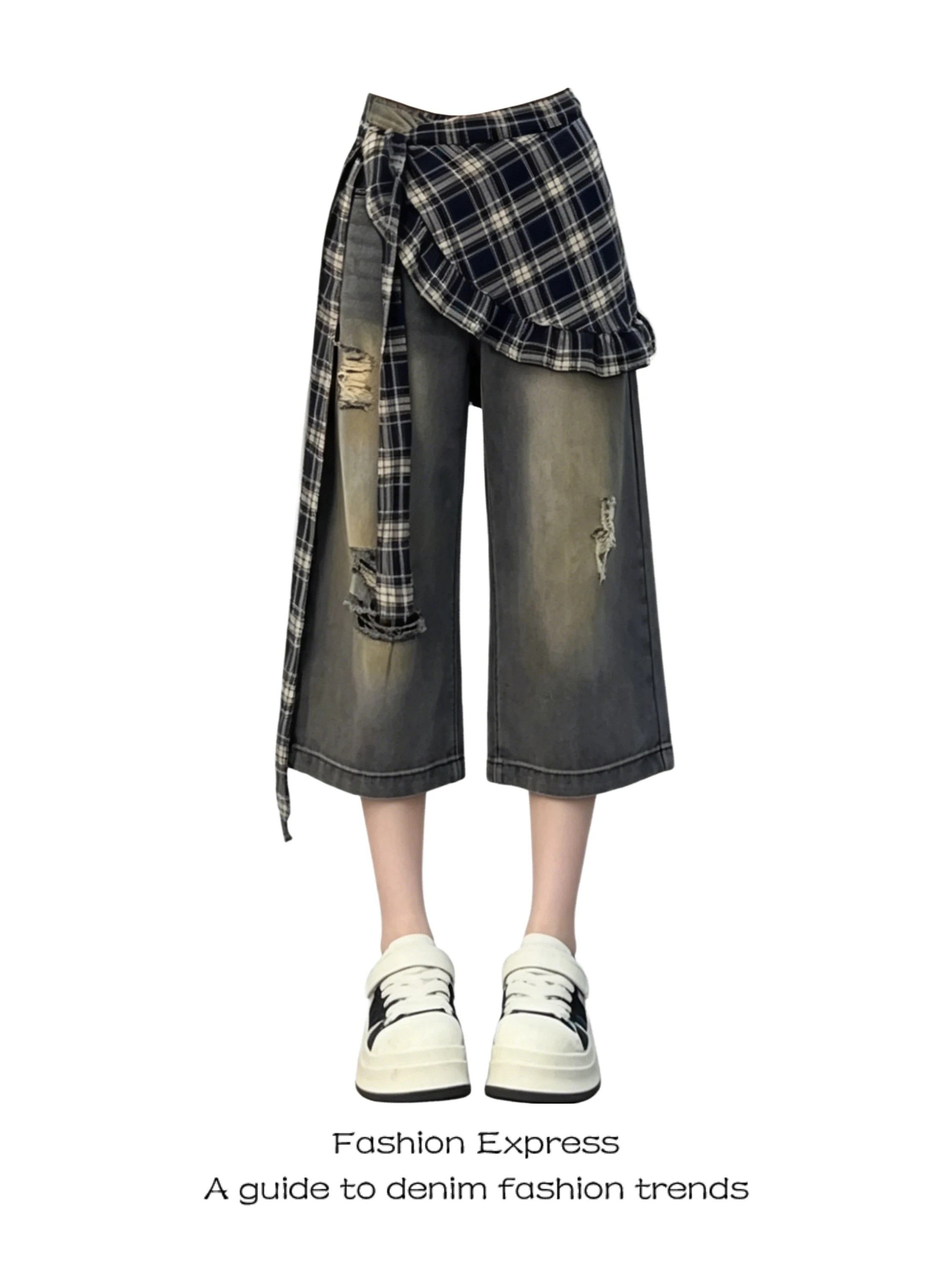 

Ripped Denim Jeans Women's Summer American Retro Fashion Checkered Shorts High Waist Straight Leg Jeans Vintage Style Commute