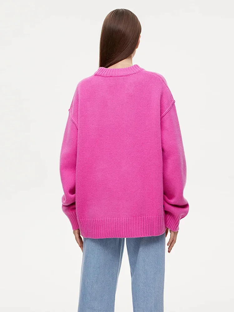 Jersey de punto con cuello redondo para mujer, Jersey holgado de manga larga, color rosa y rojo, a la moda, de gran tamaño, para invierno