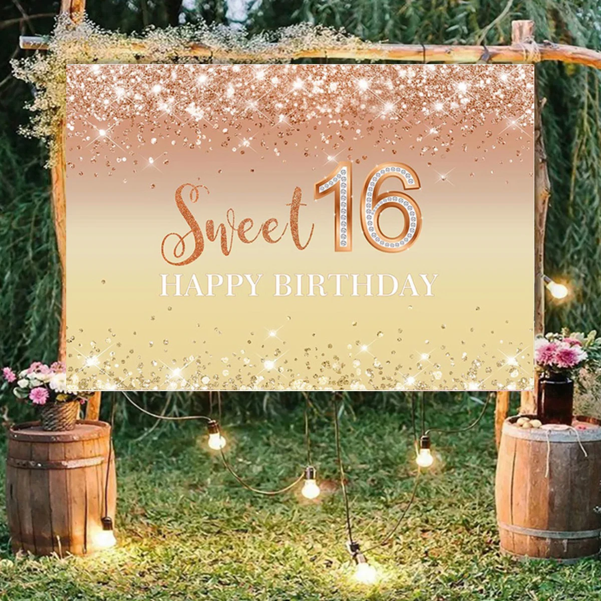 Fotografía de 16 cumpleaños para fondo, telón de fondo para fiesta de cumpleaños de dieciséis, decoración de mesa de postre con diamantes, accesorios, cartel