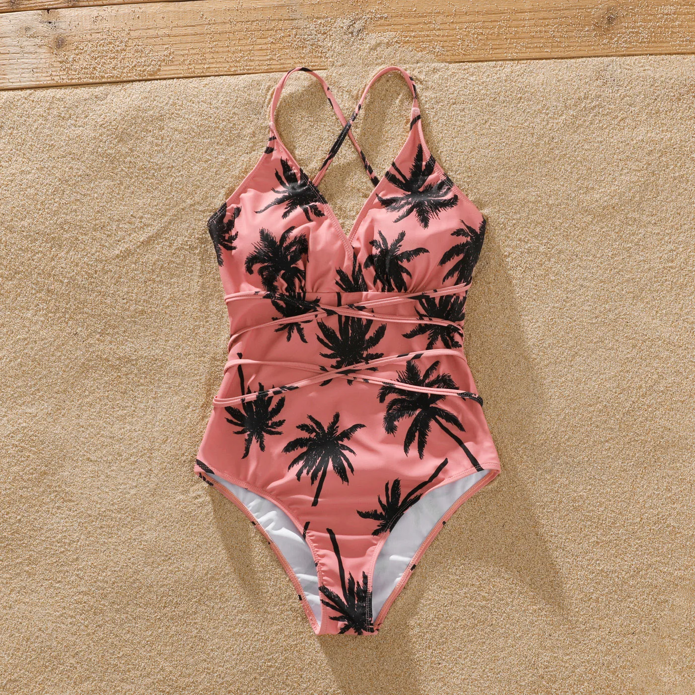 PatPat Family Matching All Over Coconut Tree Print Pink Swim Trunks Shorts Spaghetti Strap One-Piece Swimsuit