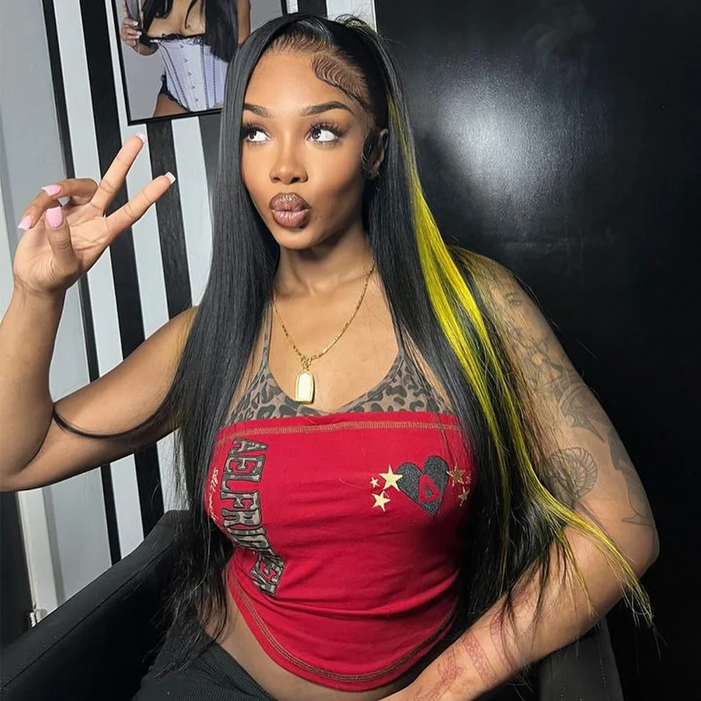 Linhua Bone Straight Highlight Lemon Yellow 13X4 Transparent Lace Wigs Remy 13X6 Lace Frontal Wig Preplucked With Baby Hair