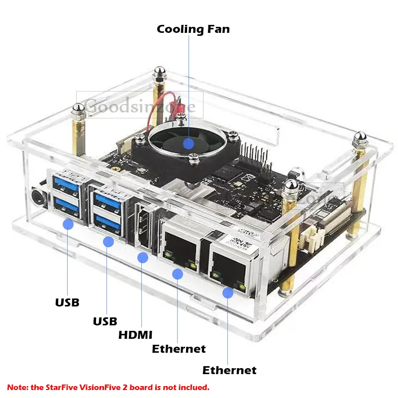 Acrylic Case with Cooling Fan Kit for VisionFive 2 - Transparent Protective Shell for StarFive VisionFive 2 Motherboard