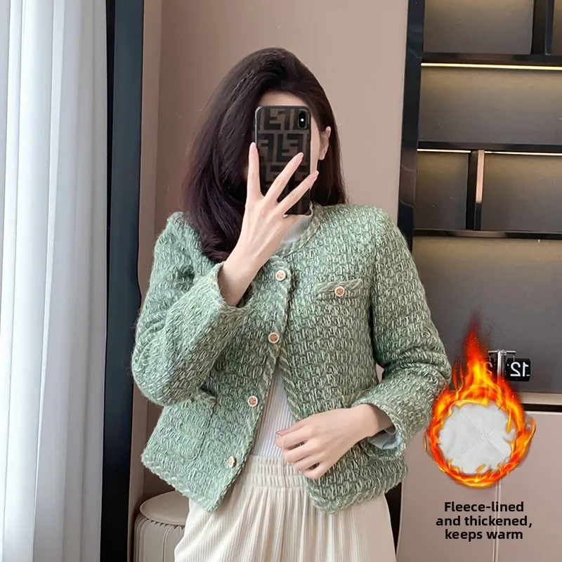 een Tweed Cotton Lined ort Women's Jaet Faionable Small Size Winter Outerwear round Ne Button up Loose Fit Coat