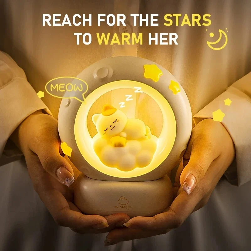 LED Adorable Rabbit Cat Night Light Bedside Decor for Rooms Ambient Lighting USB Rechargeable Bedroom Decor Sleep Aid Light