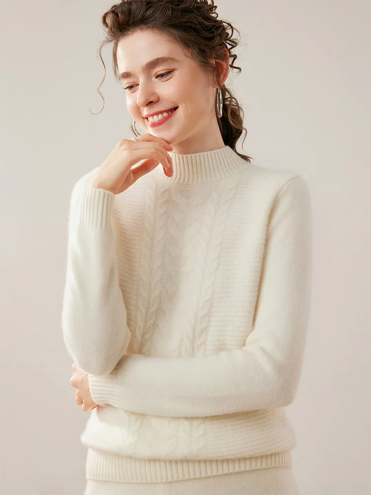 

Solid Color Basics Thick Soft Warm 100% Cashmere Sweater Autumn Winter Women's Half High Collar Knitted Pullover Cable Stitch