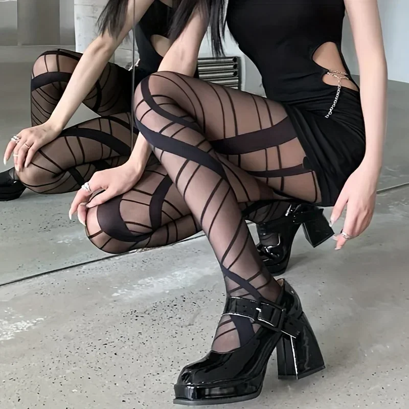

A Pair of New Line Bandage Shows Thin Black Silk Stockings with Cross Lace-up Printing Leggings Socks with Bottom Socks Pure Se