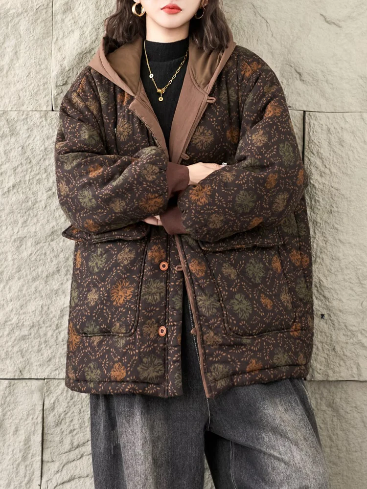 Mass Wasss 2025, Winter, warme, florale Baumwollmäntel, Damen, bedruckt, übergroße Parkas mit Kapuze, Damen, verdickt, Vintage-Punk, gepolsterte Jacke