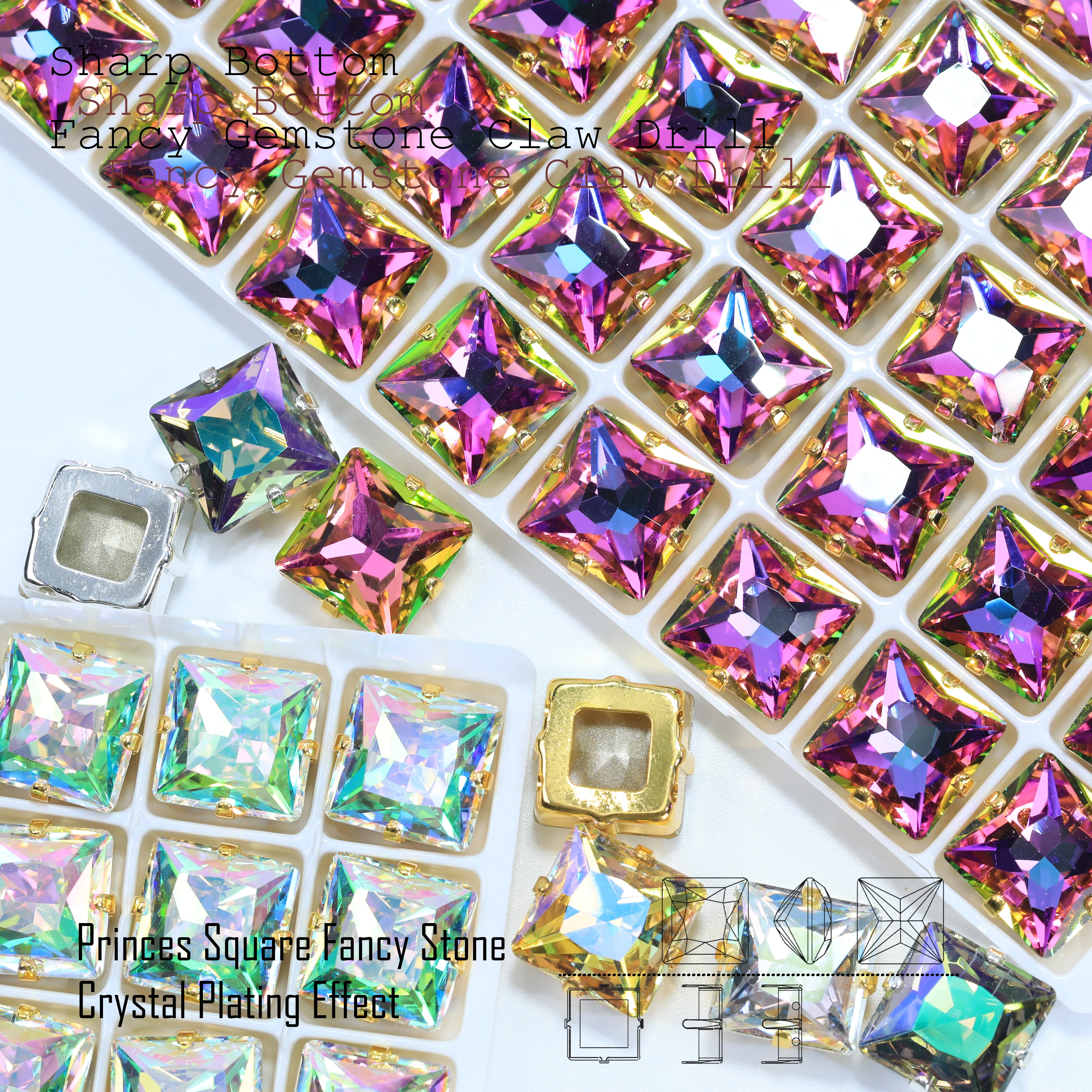Kristallbeschichtungseffekt Prinzessinnen-Quadrat Fancy Stone Krallenfassung Strasssteine Hochglänzender Kunststoffkristall DIY-Zubehör für Hochzeiten – Detail 2
