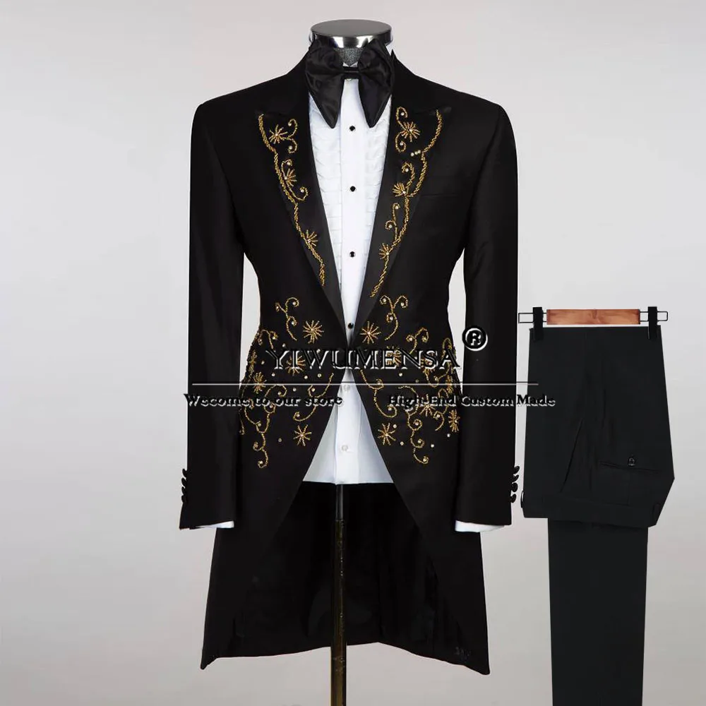 

Классические смокинги для жениха с кристаллами и бисером для свадьбы, длинное пальто с итальянским дизайном и брюками, костюмы из двух предметов, мужские приталенные костюмы для выпускного вечера