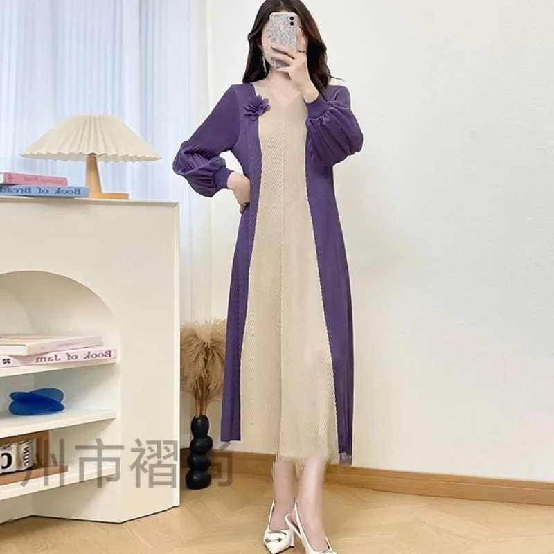 أوروبا جديد مياكي فستان مطوي المرأة طويلة الأكمام مزاجه حجب حجم كبير مطاطا فستان طويل مكتب ركاب الملابس #5