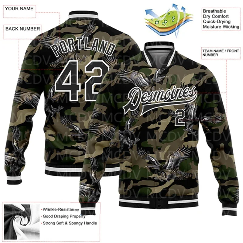 

Custom Camo Black-White Eagle 3D Pattern Design Bomber Full-Snap Varsity Letterman Salute To Service Jacket