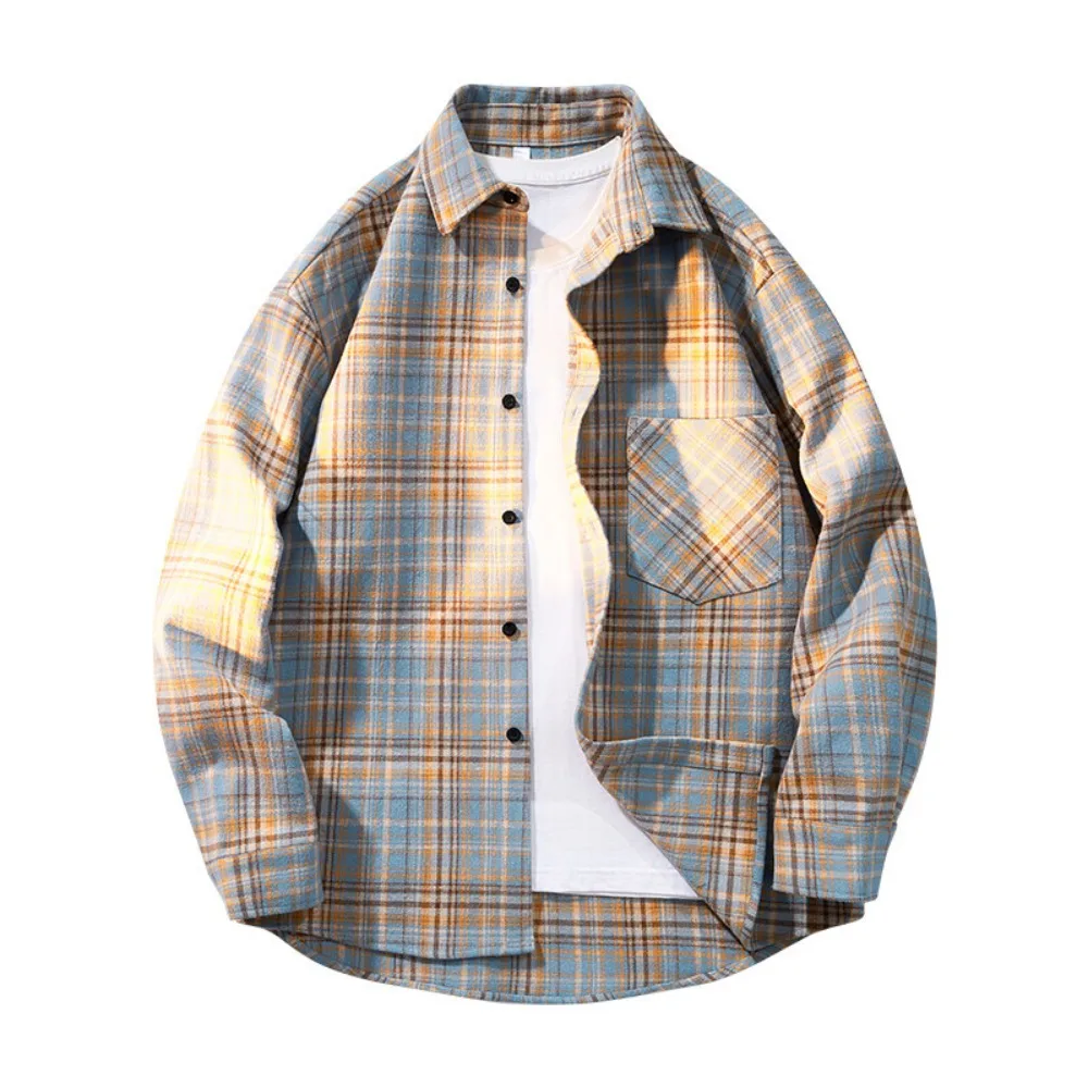 

Long Sve Men's Irt 2025 Spring New Sle Trendy Retro Plaid Large Size Collar Coat Youth Casual Wear Resistant To Wear Mens