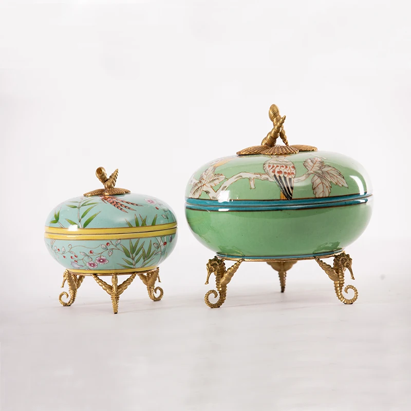European designer style creative hand-painted luxury brass mini storage box exquisite home ceramic jewelry