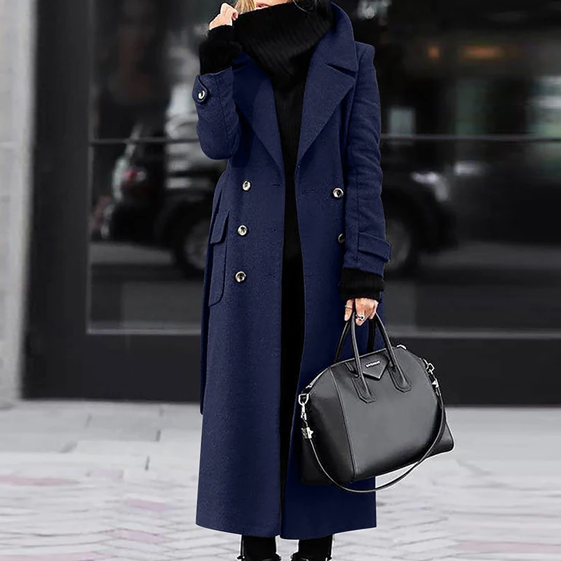 Temperament Commuter Lady Pocket Belt Trench Coat Fall Winter New Solid Lapel Long Wool Coat Fashion Warm Button Women Overcoat