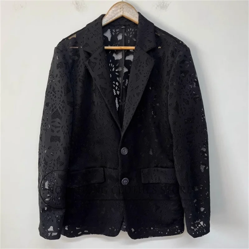 Original design black mesh court-style hollowed-out men's wear, high-quality and personalized stage casual jacket suit